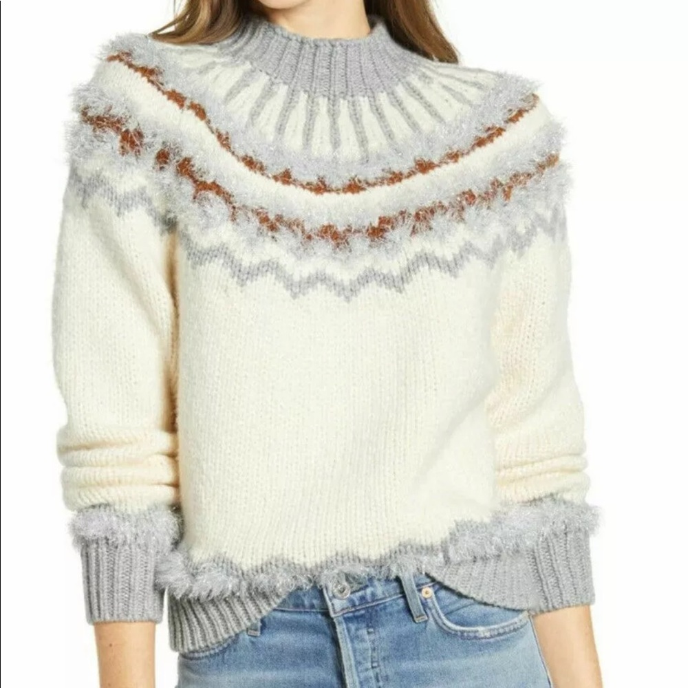 LOU & GREY Irish Cream Festive Metallic Accent Fair Isle Mockneck Sweater Sz S